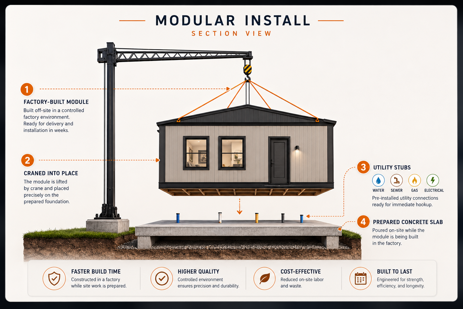 Modular install section view — factory-built module craned onto prepared concrete slab with utility stubs